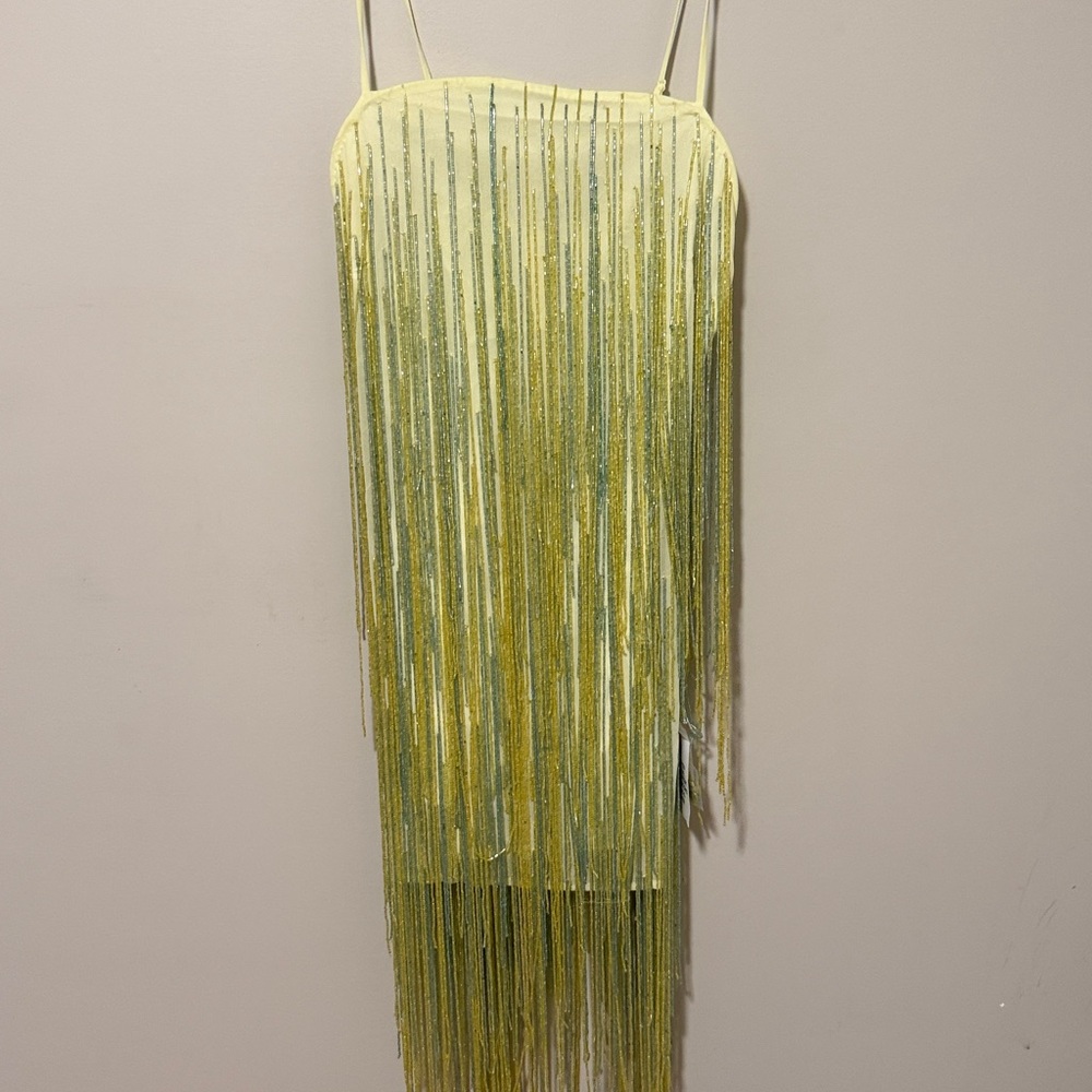 NWT ASOS DESIGN Beaded Fringe Mini Cami Dress in Pale Yellow - Picture 8 of 10
